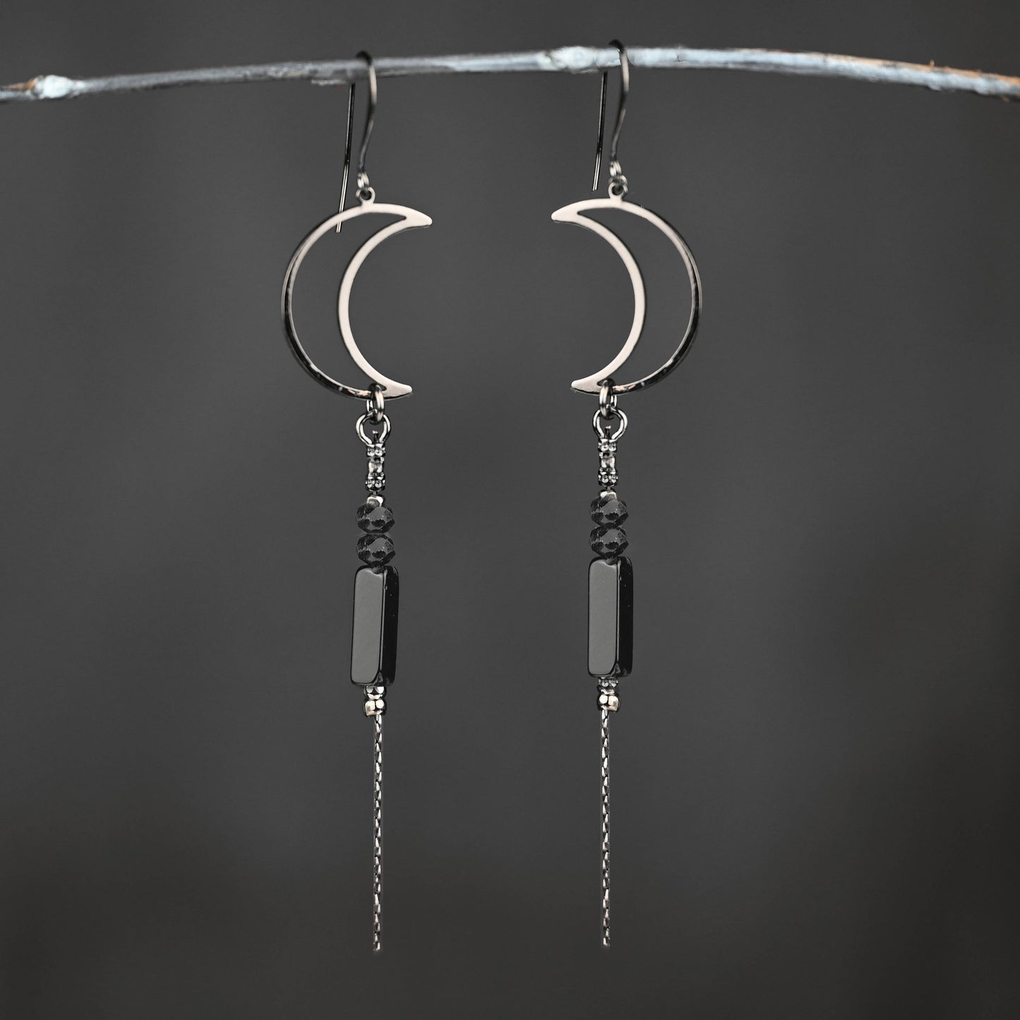 Deco Open Moon w/ Semi Precious Tube Drop Earrings (Gunmetal: Black Onyx & Black Tourmaline