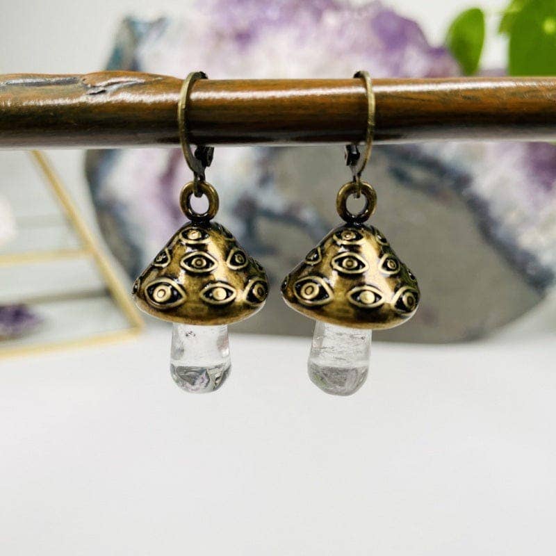 Crystal Quartz Evil Eye Mushroom Earrings: Antique Silver