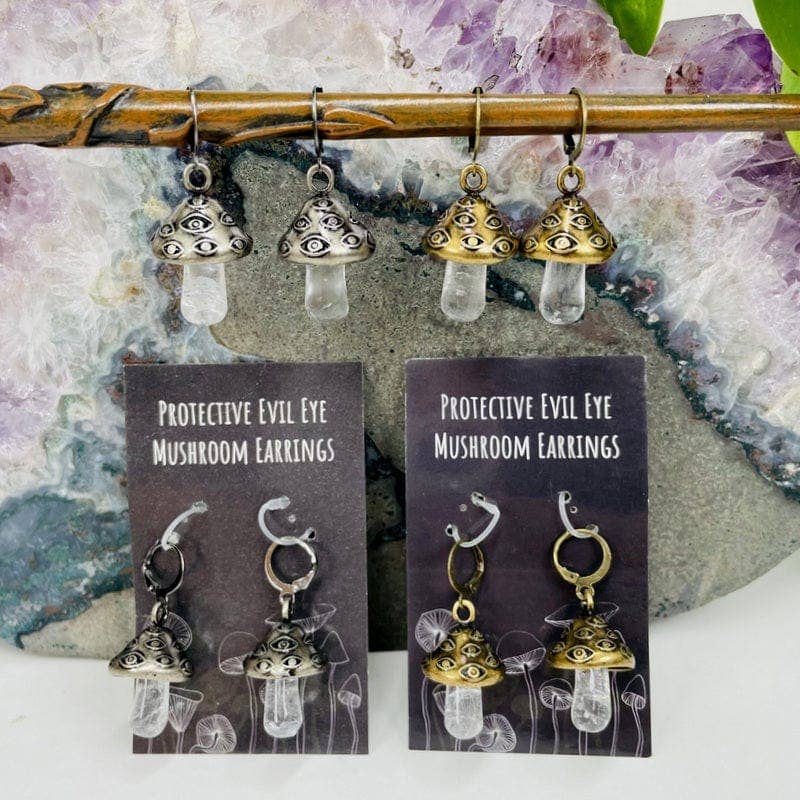 Crystal Quartz Evil Eye Mushroom Earrings: Antique Silver