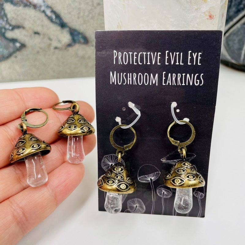 Crystal Quartz Evil Eye Mushroom Earrings: Antique Silver