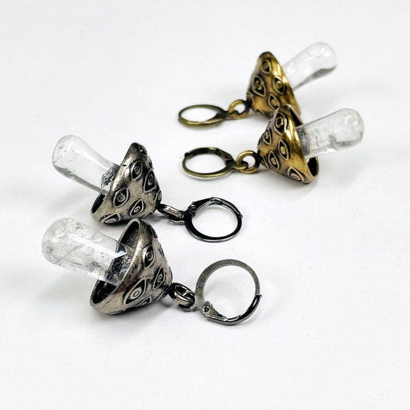 Crystal Quartz Evil Eye Mushroom Earrings: Antique Silver