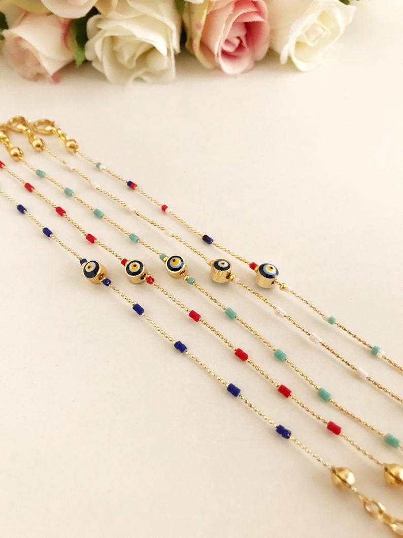 Evil Eye Chain Bracelet, Seed Beads Bracelet, Evil Eye Jewelry: Mix Color