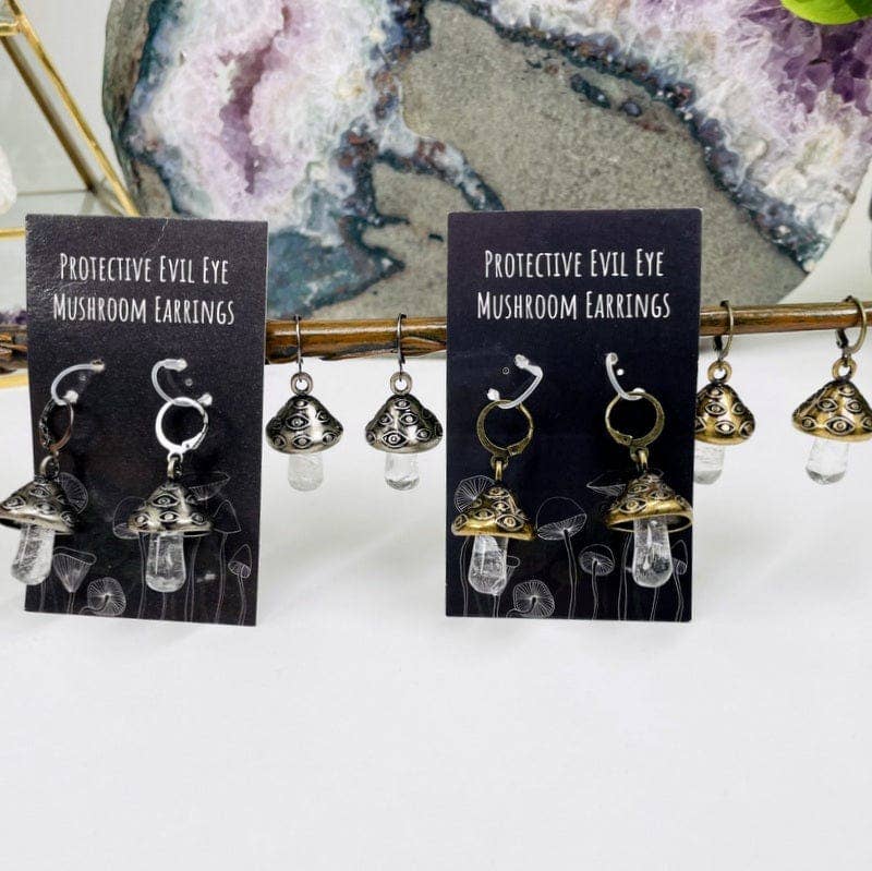 Crystal Quartz Evil Eye Mushroom Earrings: Antique Silver