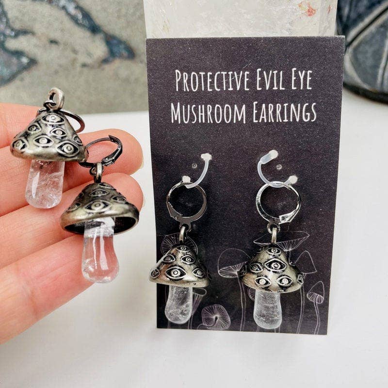 Crystal Quartz Evil Eye Mushroom Earrings: Antique Silver