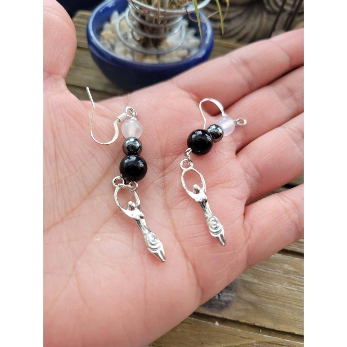 Triple Protection Goddess Earrings With Selenite and Black Onyx Crystals