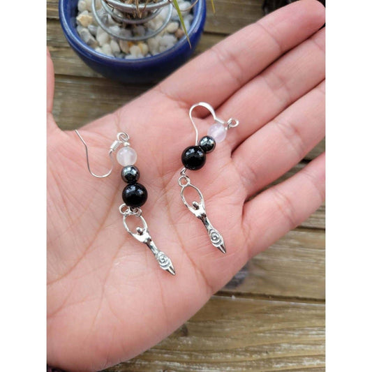 Triple Protection Goddess Earrings With Selenite and Black Onyx Crystals